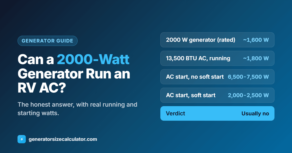 Can a 2000-watt generator run an RV AC: generator rated about 1,600 W, 13,500 BTU AC running about 1,800 W, starting 6,500 to 7,500 W without a soft start and 2,000 to 2,500 W with one, verdict usually no