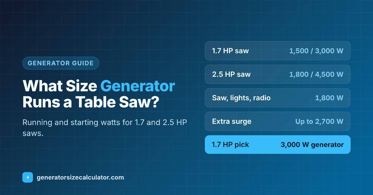 What size generator to run a table saw